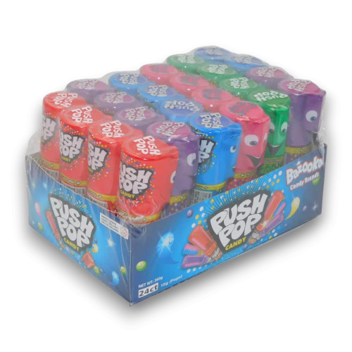 Push Pops 24pc display with an assortment of berry, blue raspberry, and other flavours, available at The Professors Online Lolly Shop