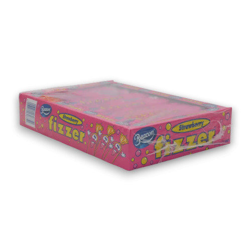 Beacon Fizzers Strawberry chew bars in a 72pc display unit, featuring iconic pink sherbet-flavoured candy, available at The Professors