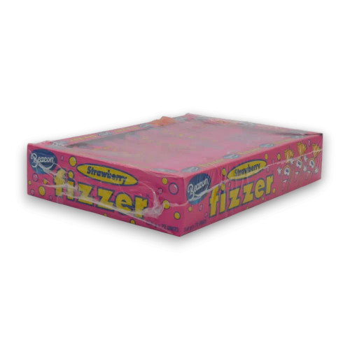 Beacon Fizzers Strawberry sherbet chew bars, packed for freshness in a 72pc display unit, available at The Professors Online Lolly Shop