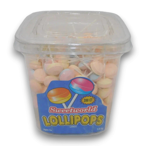 Sweetworld Lollipops 200pc display unit with vibrant pastel lollipops, available at The Professors Online Lolly Shop