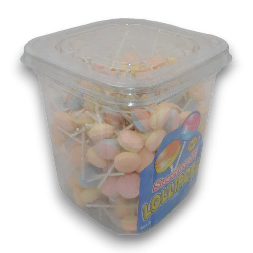 Sweetworld Lollipops 200pc display, showcasing the container filled with short stick pastel-coloured lollipops, available at The Professors