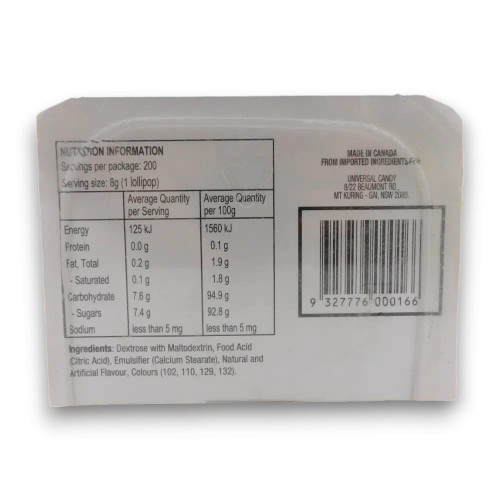 Nutritional information and ingredient details for Sweetworld Lollipops 200pc display unit, available at The Professors