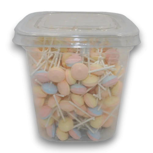 Sweetworld Lollipops 200pc display, showing resealable container and pastel-coloured lollipops, available at The Professors
