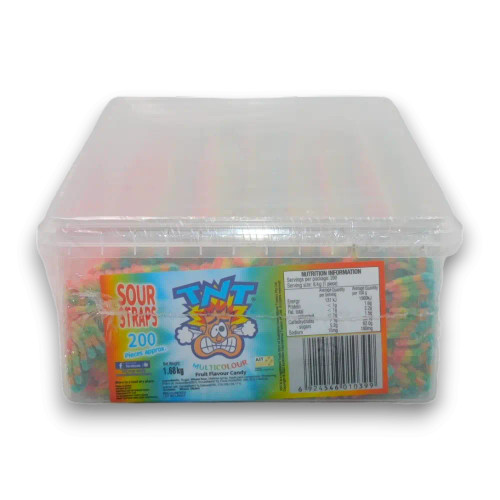 TNT Sour Straps Multi-Colour Display Unit, highlighting the bright and colourful rainbow sour straps.