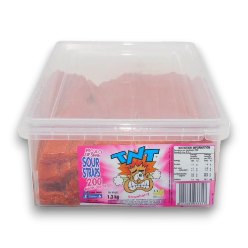 TNT Sour Straps Strawberry in a clear 200-piece display unit tub, red sour straps, available at The Professors Online Lolly Shop.