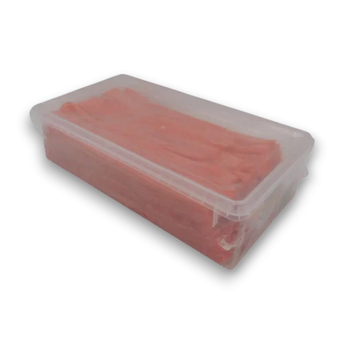 TNT Sour Straps Strawberry 1.6kg tub filled with pink strawberry flavoured sour candy straps, available at The Professors