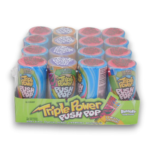 Triple Power Push Pop 16pc display featuring three fruity flavours in each pop, available at The Professors Online Lolly Shop