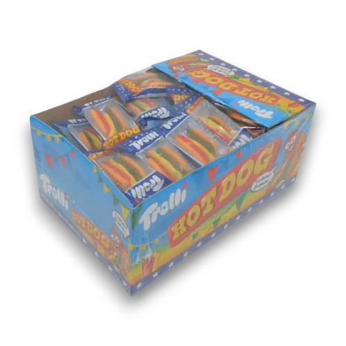 Trolli Hot Dogs 60-piece display unit shown from the right with colourful mini gummy hot dogs visible