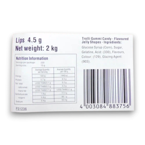Trolli Lips 2kg Bulk Bag (nutritional & ingredients label) - by The Professors Online Lolly Shop