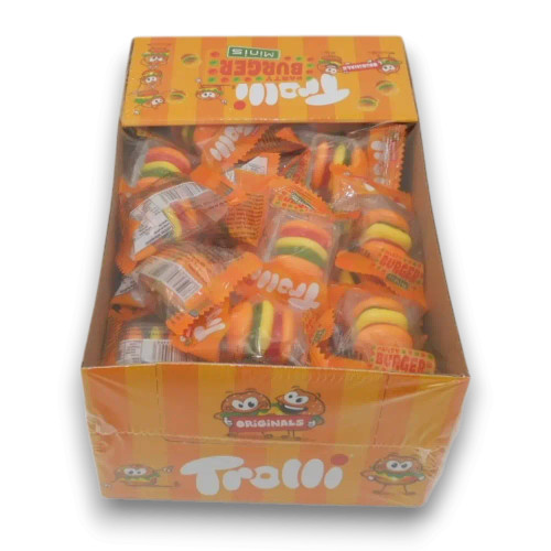 Trolli Mini Burgers individually wrapped in a 60-piece display box, perfect for parties, available at The Professors Online Lolly Shop.