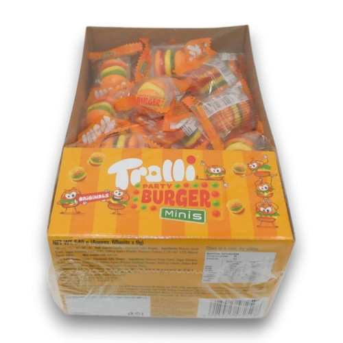 Trolli Mini Burgers display unit with individually wrapped gummy burger-shaped lollies, available at The Professors Online Lolly Shop.