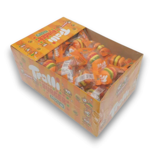 Trolli Mini Burgers 60 x 9g Display Unit showcasing colourful gummy burger lollies, available at The Professors Online Lolly Shop.
