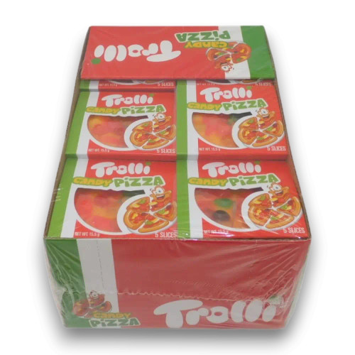 Trolli Mini Gummy Pizza (48 Pizza Display Unit) showing colourful pizza-shaped gummies, perfect for events and retail displays.