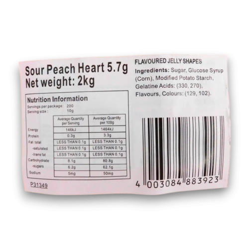 Trolli Sour Peach Hearts 2kg (nutritional & ingredients label) - by The Professors Online Lolly Shop