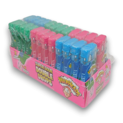 Warheads Double Drops 24-pack featuring sour candy droppers in assorted flavours, stocked at The Professors Online Lolly Shop.