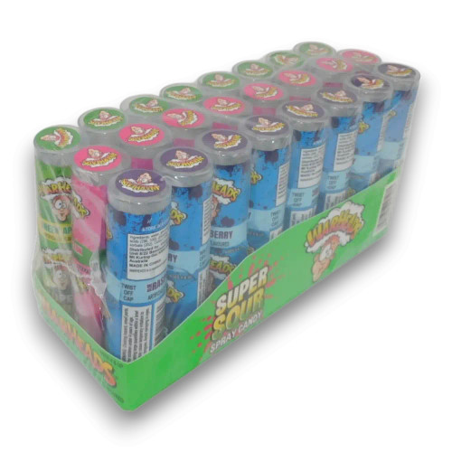 Warheads Super Sour Spray display featuring Green Apple, Watermelon and Blue Raspberry flavours.