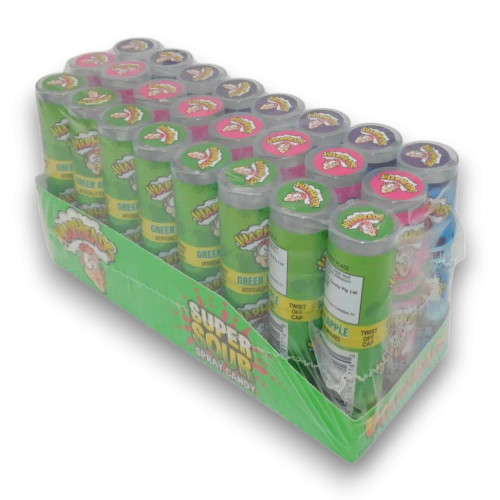Warheads Super Sour Spray 24 x 20ml display showing assorted flavours in bulk packaging, available at The Professors.