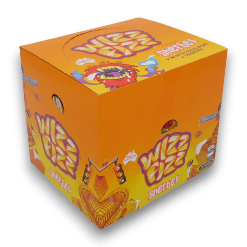 Wizz Fizz Original Sherbet 50 sachet display unit, vibrant orange packaging, available at The Professors Online Lolly Shop