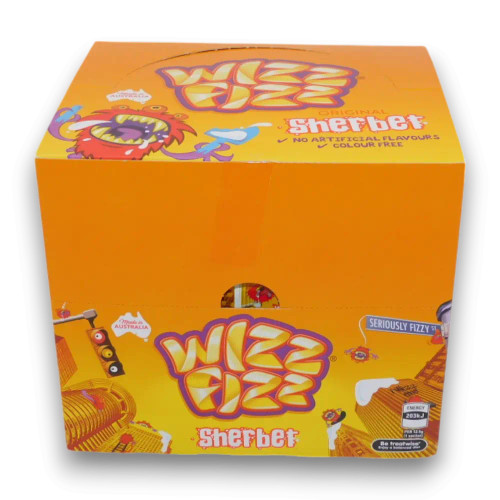 Wizz Fizz Original Sherbet display unit with 50 sachets of fizzy sherbet, available at The Professors Online Lolly Shop