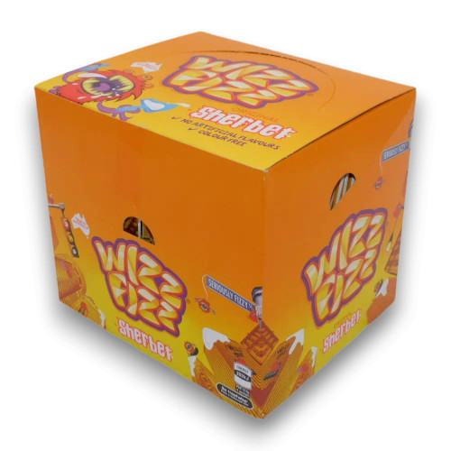 Wizz Fizz Original Sherbet in a 50-sachet display unit, featuring iconic sherbet packs, available at The Professors Online Lolly Shop
