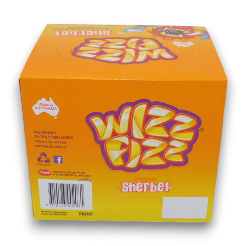 Wizz Fizz Original Sherbet by Fyna Foods in a 50-sachet display unit, available at The Professors Online Lolly Shop