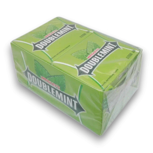 Wrigley’s Doublemint Gum display unit showing 10 packs of 15 sticks, available at The Professors Online Lolly Shop.