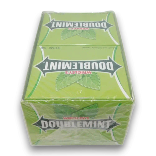 Wrigley’s Doublemint Gum box showcasing individually wrapped packs inside, available at The Professors Online Lolly Shop.