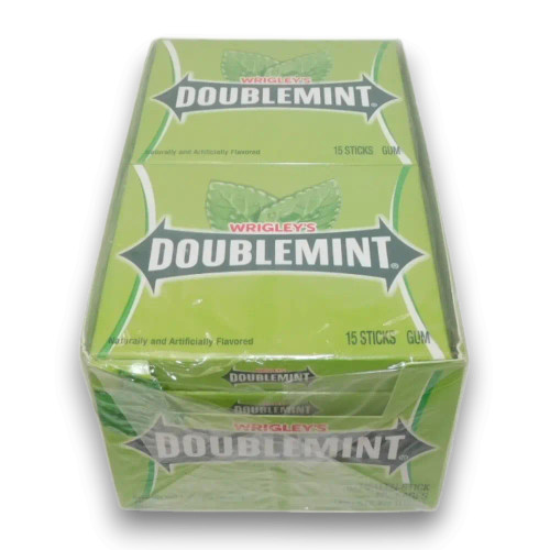Wrigley’s Doublemint box containing 10 gum packs, each with 15 peppermint sticks, available at The Professors Online Lolly Shop.