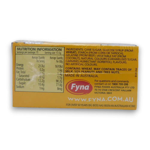 Nutritional information and ingredient details of Big Boss Crusading Caramel Candy Sticks from Fyna Foods, perfect for party treats