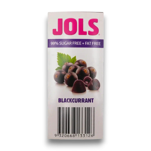 Jols Sugar Free Pastilles Blackcurrant 18x25g pack with blackcurrant flavour, sugar-free and fat-free, high in fibre.