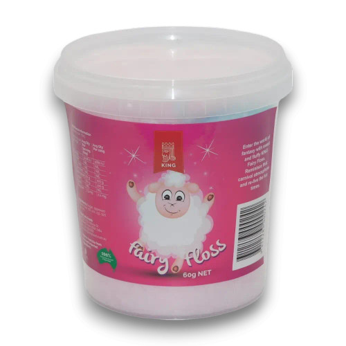 Resealable 60g tub of The Fairy Floss King multicoloured fairy floss, made in Australia with local and imported ingredients.
