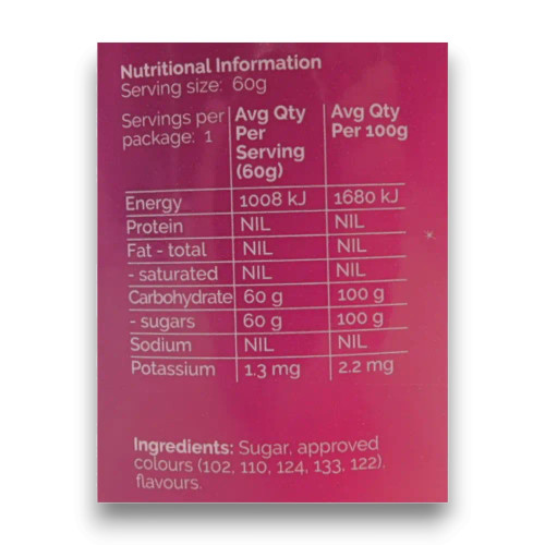 Nutritional information and ingredients label of The Fairy Floss King multicoloured fairy floss 60g tub.