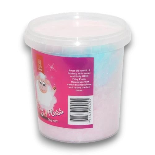 The Fairy Floss King multicoloured fairy floss 60g tub, highlighting its fluffy cotton candy texture and bright colours.