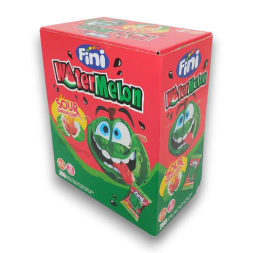 Fini Watermelon Bubblegum individually wrapped in pink and green, shown in bulk display packaging, from The Professors.
