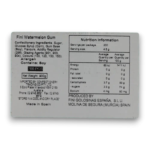 Nutritional panel of Fini Watermelon Bubblegum in 200-count display unit.
