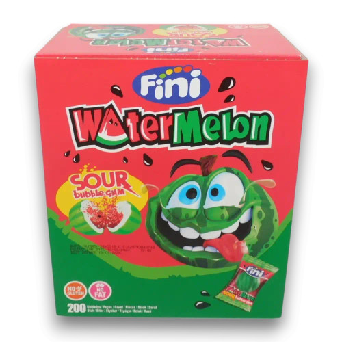 Bulk Fini Watermelon Bubblegum in 200-count display unit with fruity flavour and bright wrappers, stocked at The Professors.