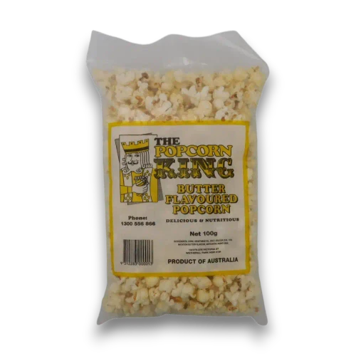 King Tasty Foods Butter Flavoured Popcorn 100g bag front view showing ready-to-eat Australian-made popcorn