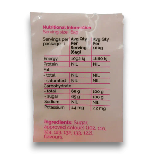 The Fairy Floss King - Multicolour Fairy Floss, highlighting ingredients and nutritional details, 65g bag.