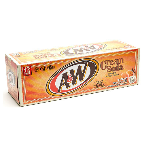 A & W Cream Soda 12 x 355ml cans display carton with classic branding, stocked at The Professors Online Lolly Shop.