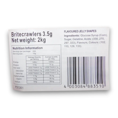 Ingredients and nutritional information on Trolli Brite Crawlers 2kg bag