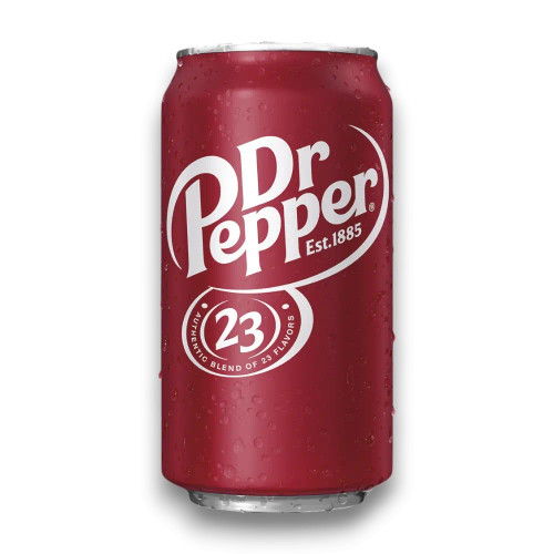 Single Dr Pepper 355ml can with its authentic blend of 23 flavours, perfect for soda lovers.