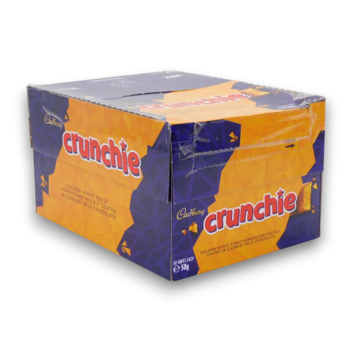 Cadbury Crunchie 42 x 50g bars display box with golden hokey pokey honeycomb coated in milk chocolate.