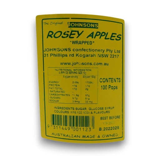 Back label of Johnsons Rosey Apples bucket with nutrition and ingredient information, from The Professors Online Lolly Shop.