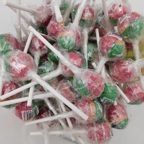 Johnsons Rosey Apples 100-piece bucket showing individually wrapped red and green lollipops, from The Professors.