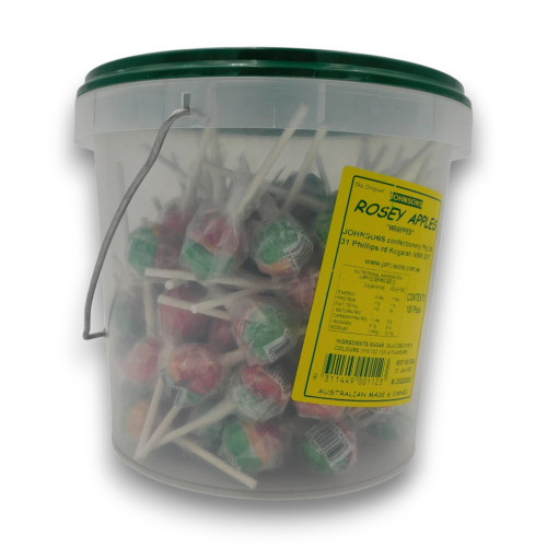 Johnsons Rosey Apple lollipops in a reusable plastic bucket, from The Professors Online Lolly Shop.
