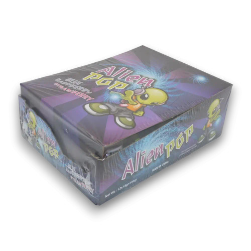 Alien Pop lollipops in blue raspberry and strawberry, perfect for novelty candy lovers and space-themed events