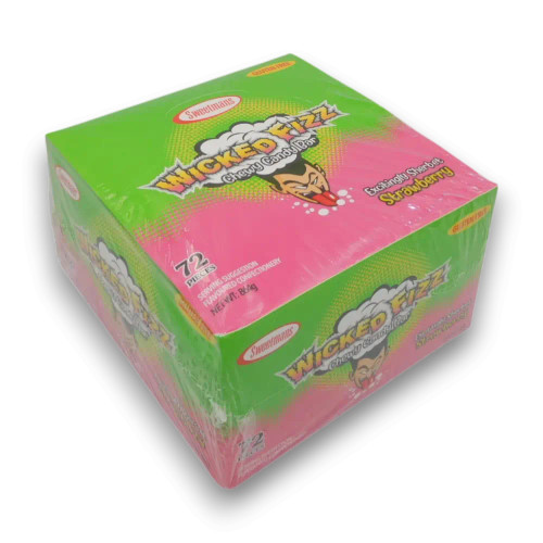 Sweetmans Wicked Fizz Strawberry display unit of 72 sherbet filled chew candy bars, available at The Professors Online Lolly Shop.