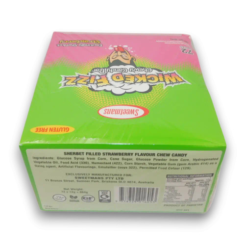 Sweetmans Wicked Fizz Strawberry display box with 72 piece count and gluten free label, at The Professors Online Lolly Shop.