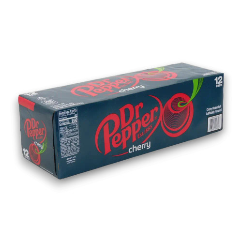 Dr. Pepper - Cherry packaging featuring smooth cherry flavour in a 12-can display unit, available at The Professors Online Lolly Shop.