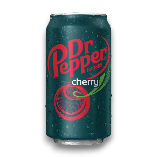 355ml Dr. Pepper - Cherry can featuring a kiss of cherry for the smoothest soda experience, available at The Professors.